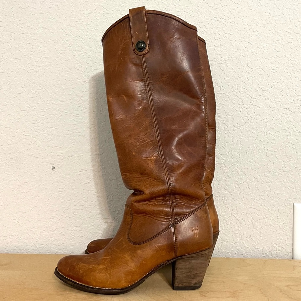 Frye Cognac Brown Leather Mid-Calf Heeled Boots - Picture 9 of 15